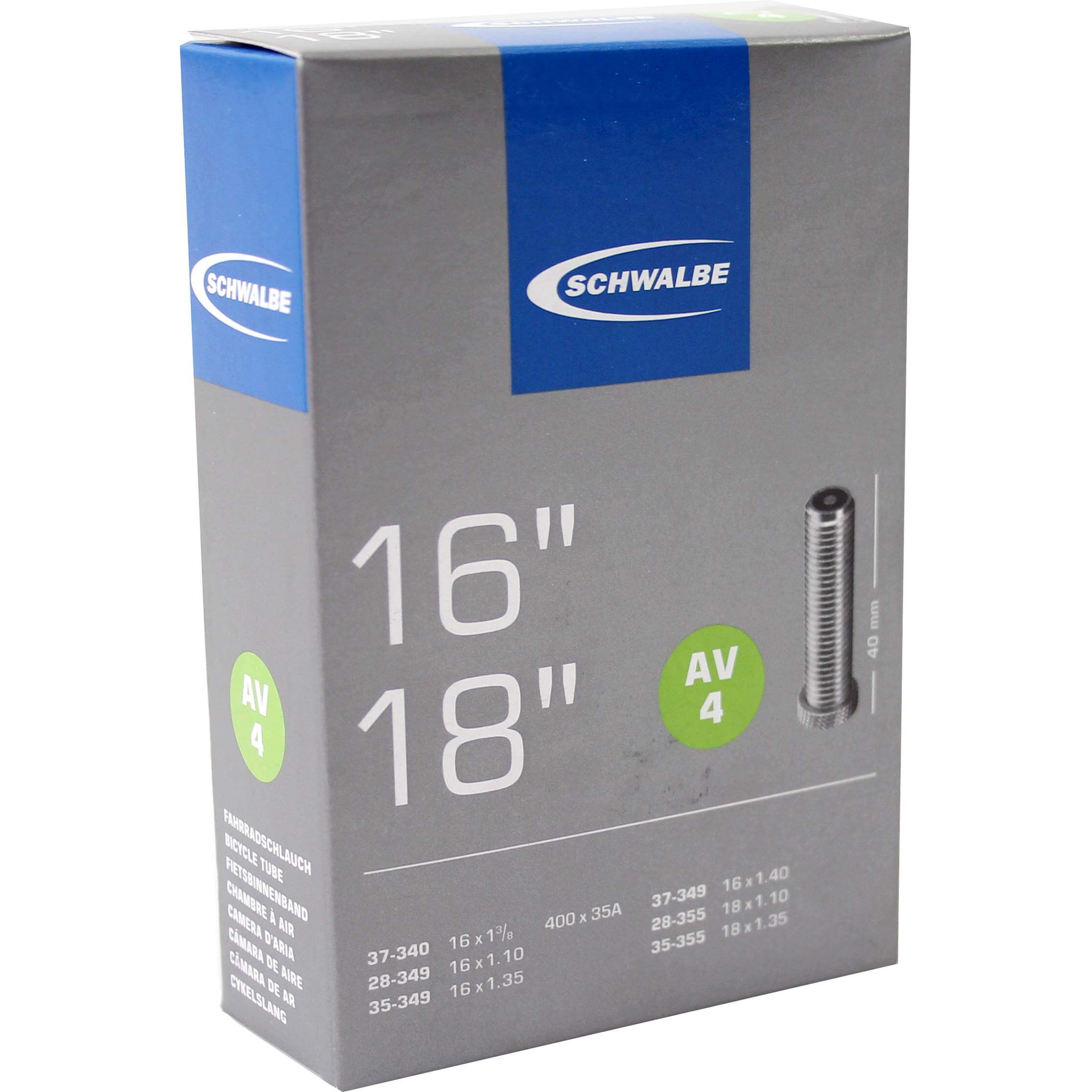 Schwalbe Bnb AV4 16 x 1 3/8 - 18 x 1.35 AV 40mm Schwalbe Bnb AV4 16 x 1 3/8 - 18 x 1.35 AV 40mm